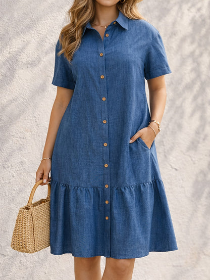 Effortless Blue Denim Shirt Dress for Women with Collar Short Sleeve Tiered Style