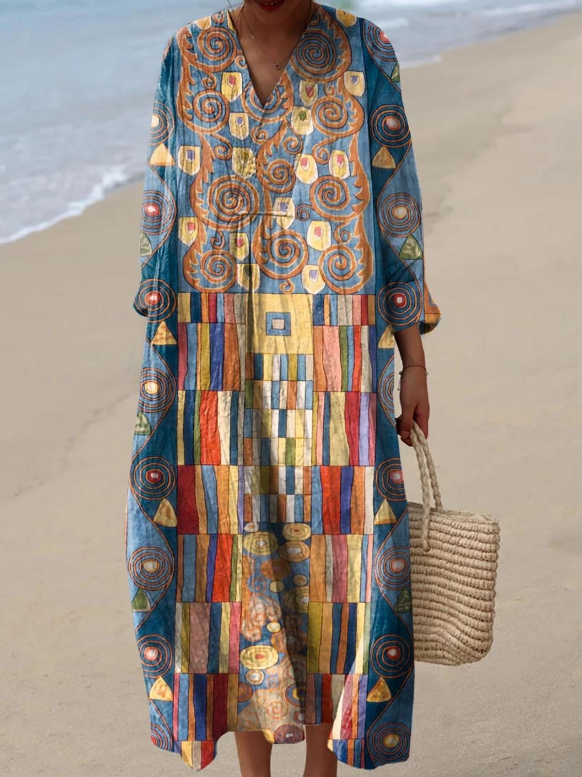 Effortless Flowy Geometric Dress for Women with Long Sleeve