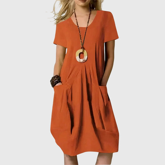 Comfortable V Neck Casual Dresses for Women with Short Sleeve Pleated Front Pocket Relaxed Midi Style