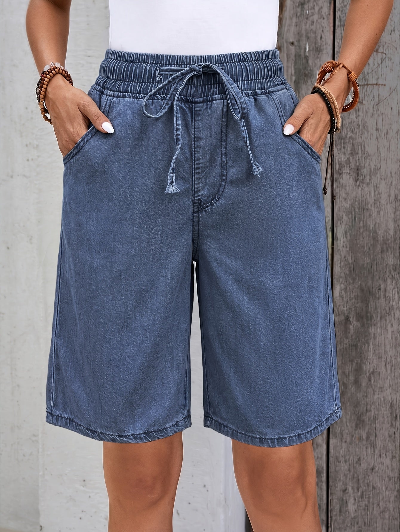 Effortless Blue Denim Bermuda Shorts for Women with Drawstring High Waist Relaxed Style