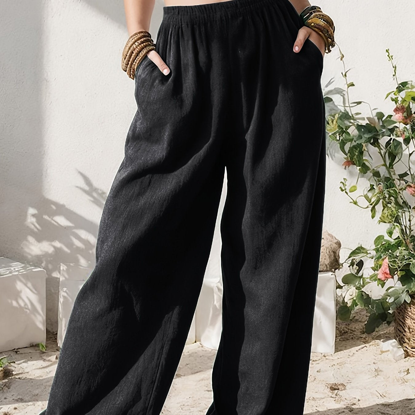 Stylish Wide Leg Linen Pants for Women with High Waist Relaxed Pocket Detail