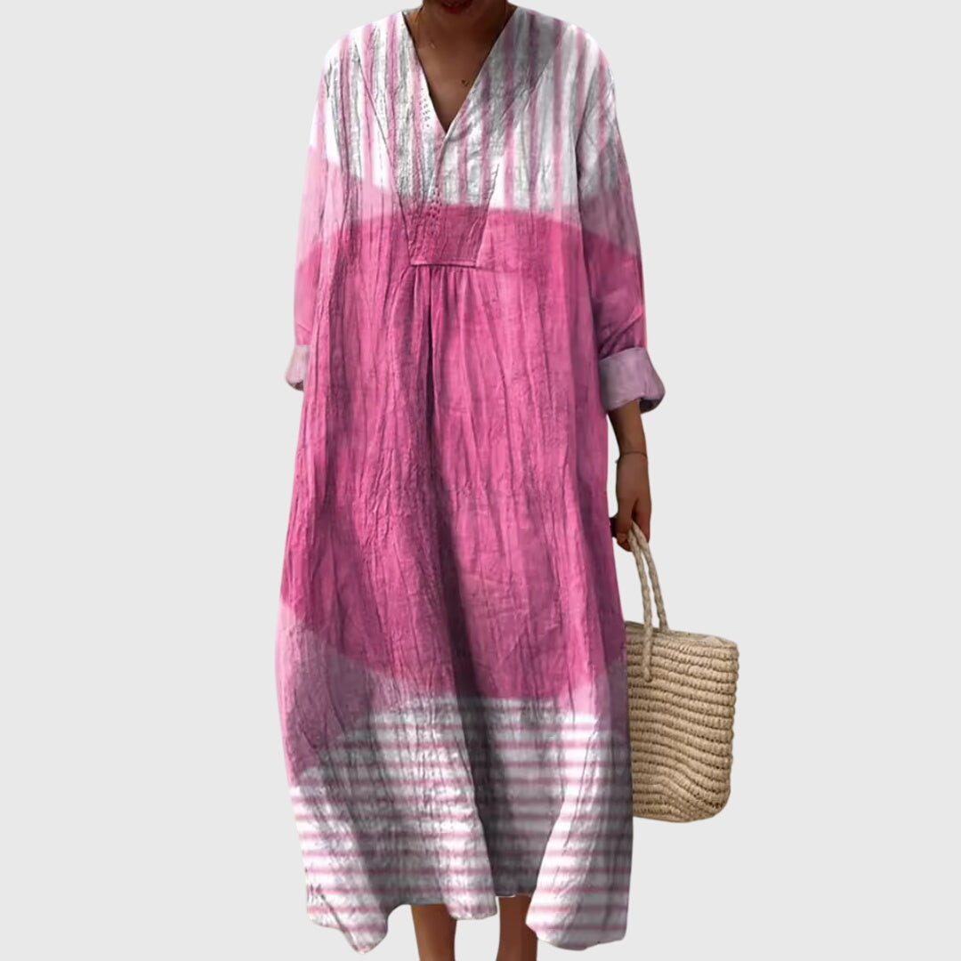 Effortless Colorblock Print Maxi Dress for Women with V-Neck Long Sleeve Casual Loose Style