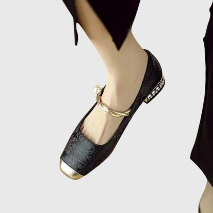 Elegant Mary Jane Shoes for Women with Round Toe Rhinestone Heel Jacquard Fabric Flat Slip On Style