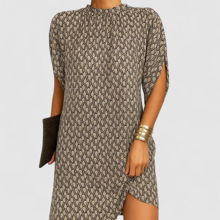Effortless Gathered Mock Neck Casual Dresses for Women with Split Batwing Sleeve Relaxed Mini Style