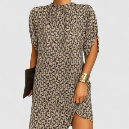 Effortless Gathered Mock Neck Casual Dresses for Women with Split Batwing Sleeve Relaxed Mini Style