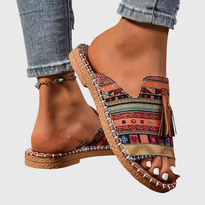 Comfortable Sandals for Women with Toe Ring Tassel Detail Ethnic Print Flat Sole Casual Flip Flop Style