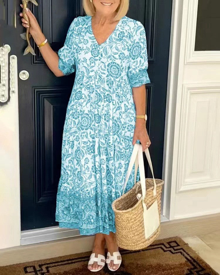 Stylish Floral Maxi Dress for Women with V Neck