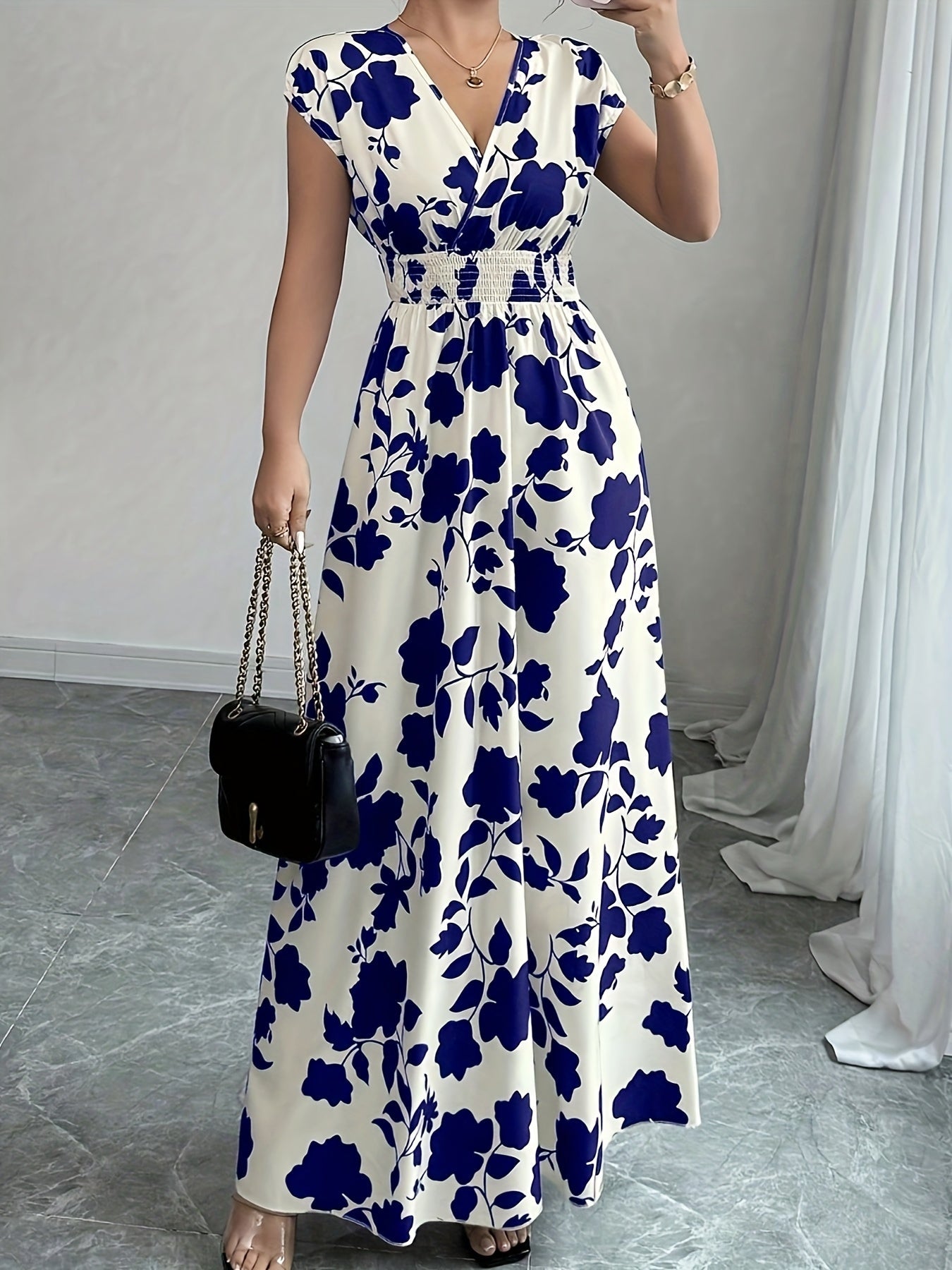 Elegant Floral Maxi Dress for Women with V Neck