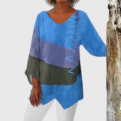 Stylish Color Block Tunic for Women with V-Neck Elbow Sleeve Asymmetric Hem Relaxed Casual Style