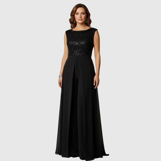 Elegant Black Sequin Jumpsuit for Women with Boat Neck Sleeveless Chiffon Wide Leg Formal Style
