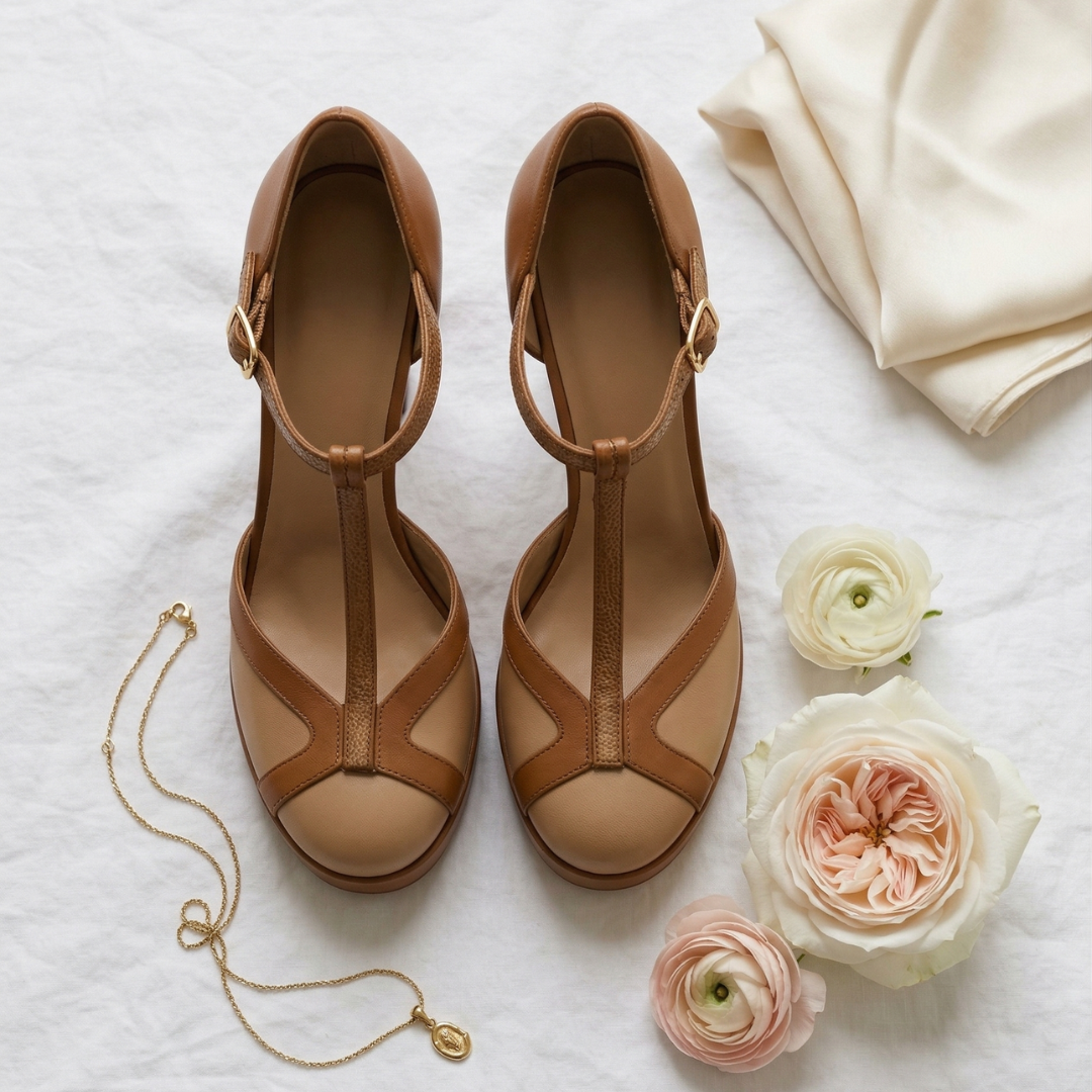Comfortable Brown Heels for Women with T Strap Style