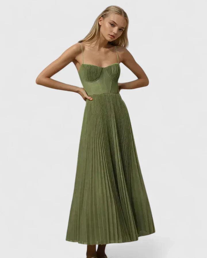 Elegant Green Dress for Women with Spaghetti Strap Corset Bodice Pleated Chiffon Midi Formal Style