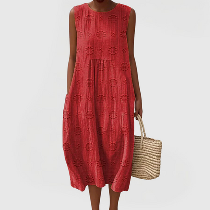 Effortless Embroidered Linen Casual Dresses for Women with Round Neck Sleeveless Pocket Midi Style