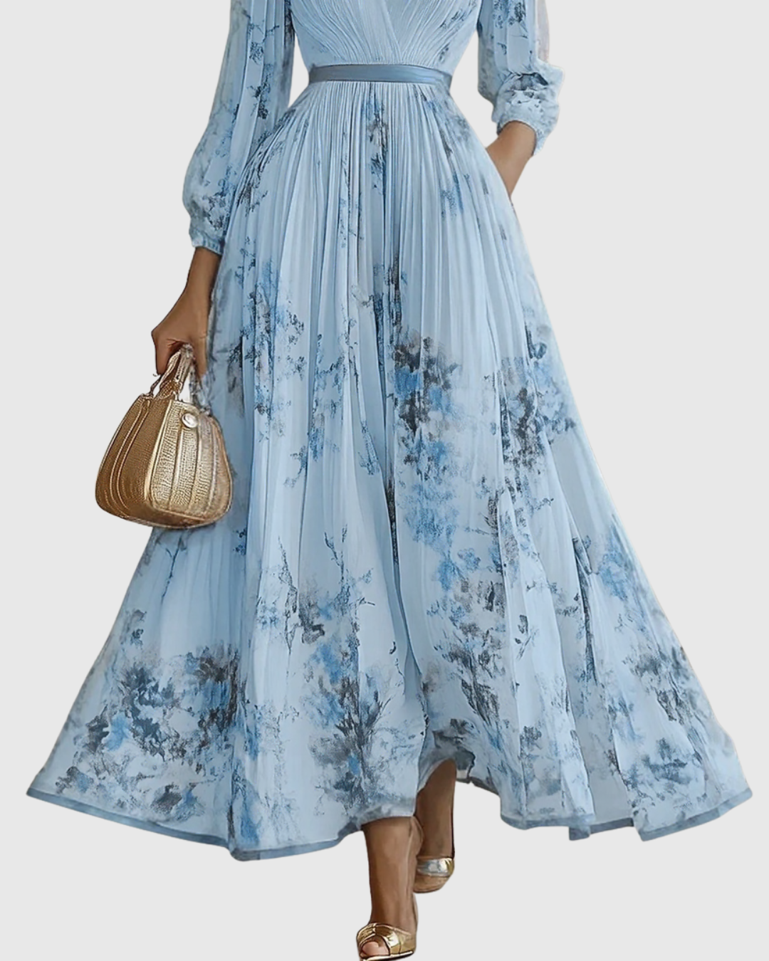 Elegant Floral Pleated Maxi Dress for Women with Deep V-Neck Sleeveless Belted Formal Wedding Guest Style