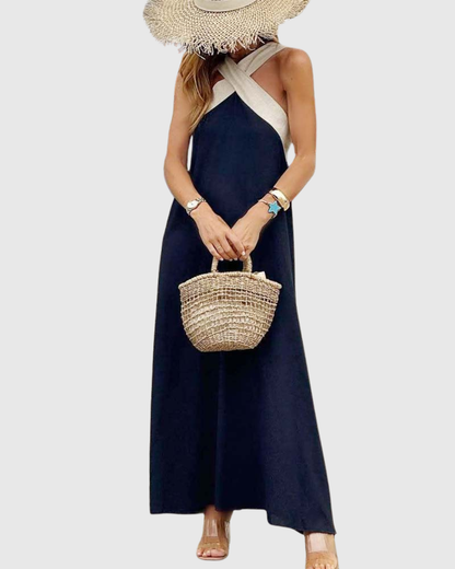 Effortless Colorblock Maxi Dress for Women with Halter Crossover Neck Sleeveless Casual Style