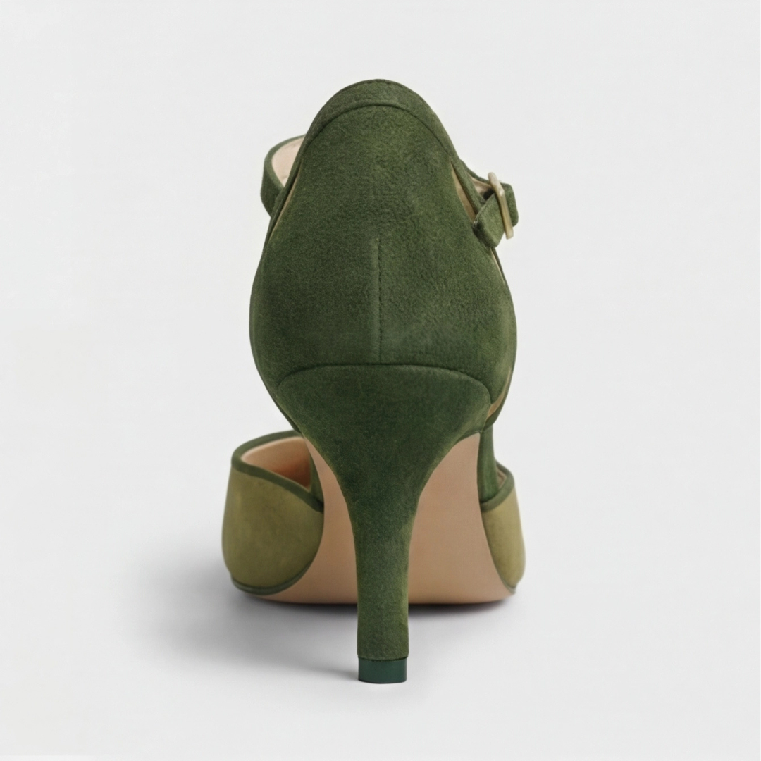 Comfortable Green Suede Heels for Women with T Strap Kitten Heel Buckle Style