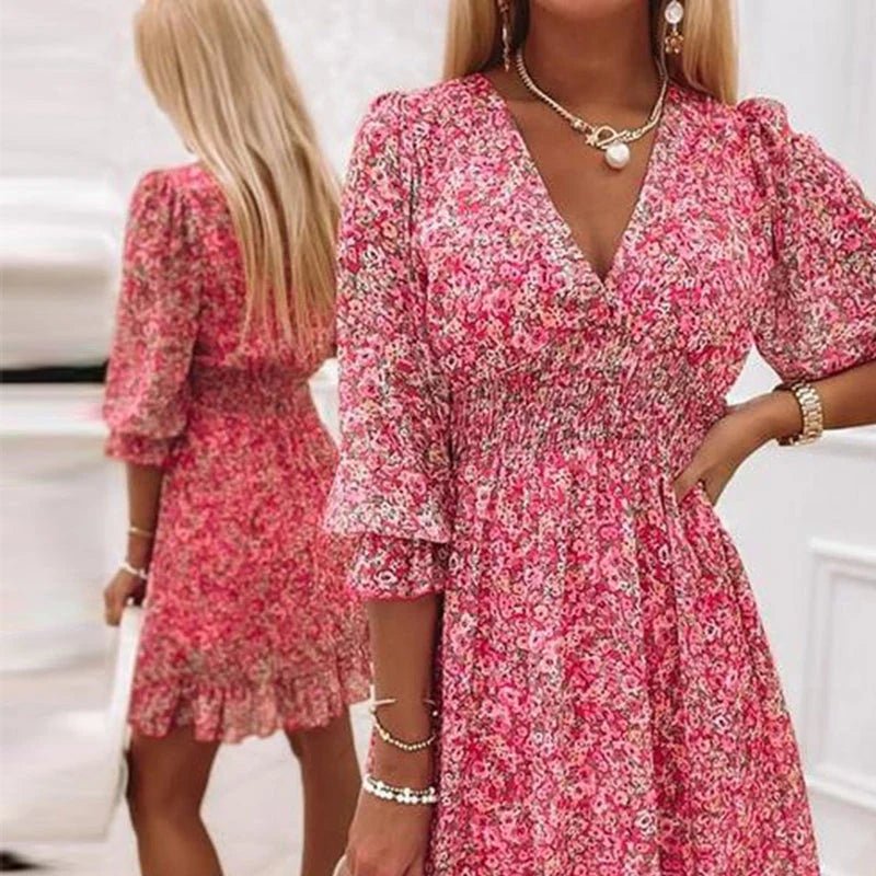 Stylish Floral Midi Dress for Women with V Neck