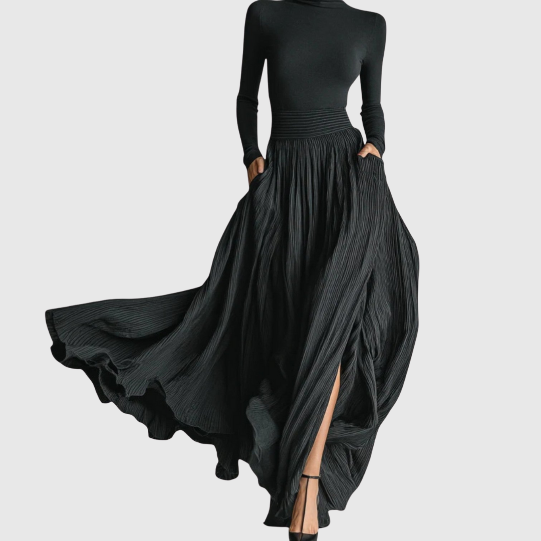 Elegant Black Maxi Skirt for Women with High Waist Pleated Flowing Slit Pocket Casual Style