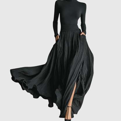 Elegant Black Maxi Skirt for Women with High Waist Pleated Flowing Slit Pocket Casual Style