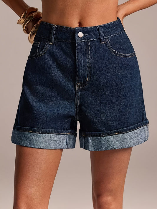 Effortless Medium Blue Denim Shorts for Women with Cuffed Hem High Waist Pocket Style