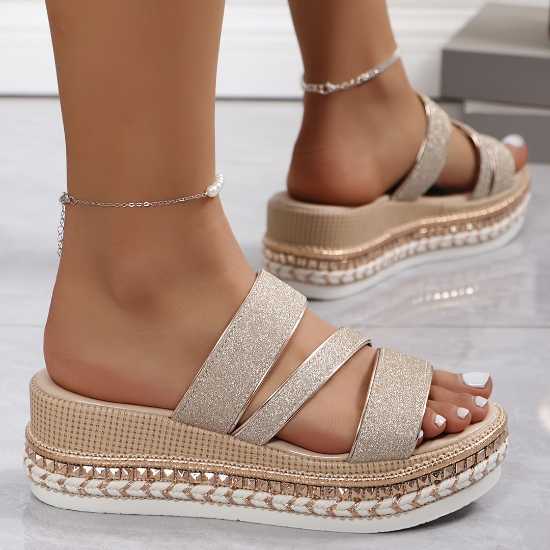 Comfortable Beige Wedge Sandals for Women with Slip On Cushioned Style