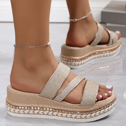 Comfortable Beige Wedge Sandals for Women with Slip On Cushioned Style