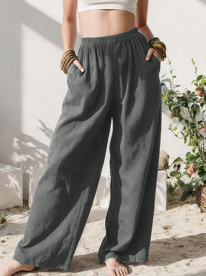 Stylish Wide Leg Linen Pants for Women with High Waist Relaxed Pocket Detail