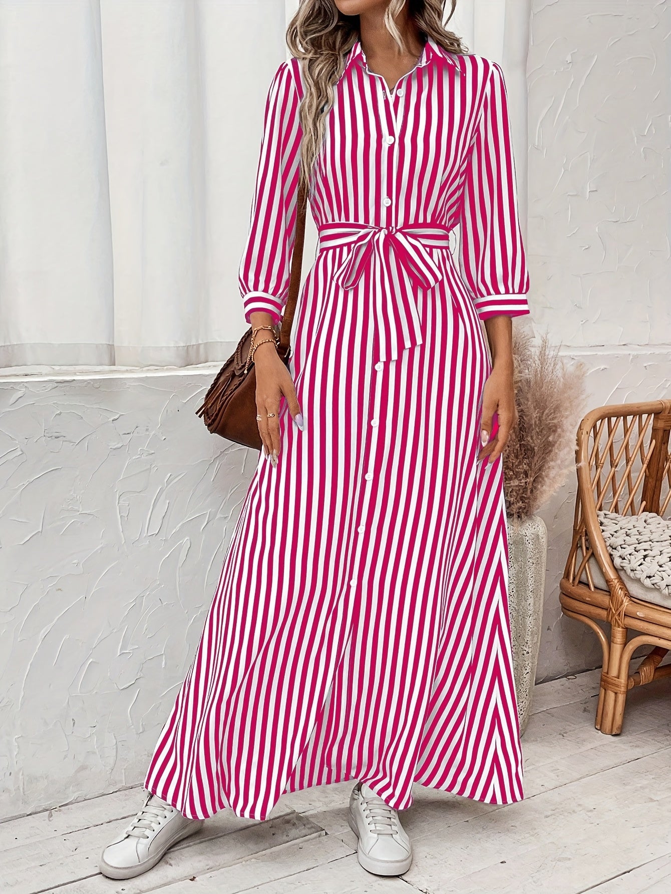 Effortless Striped Maxi Dress for Women with Collared Belted