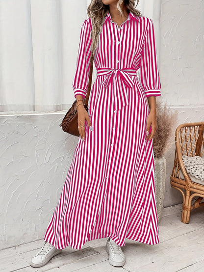 Effortless Striped Maxi Dress for Women with Collared Belted