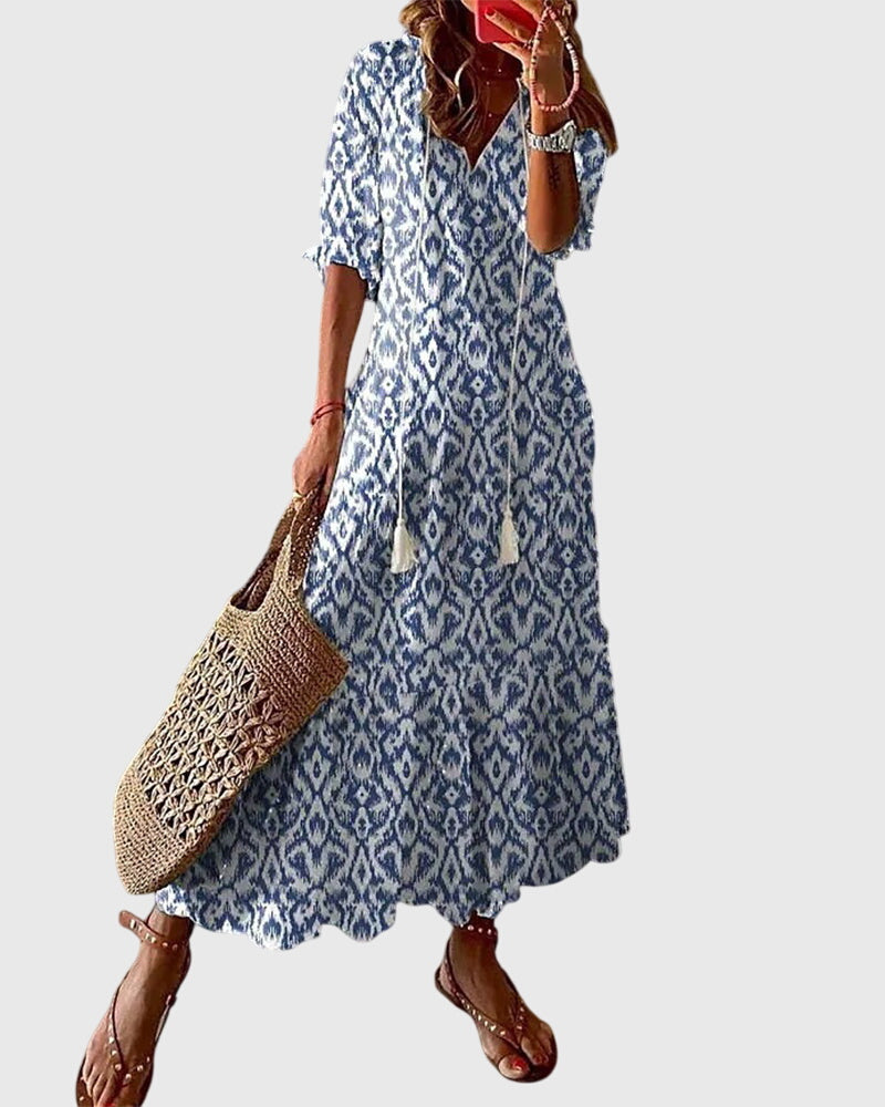 Effortless Ikat Print Maxi Dress for Women with V-Neck Tassel Tie Short Sleeve Casual Style