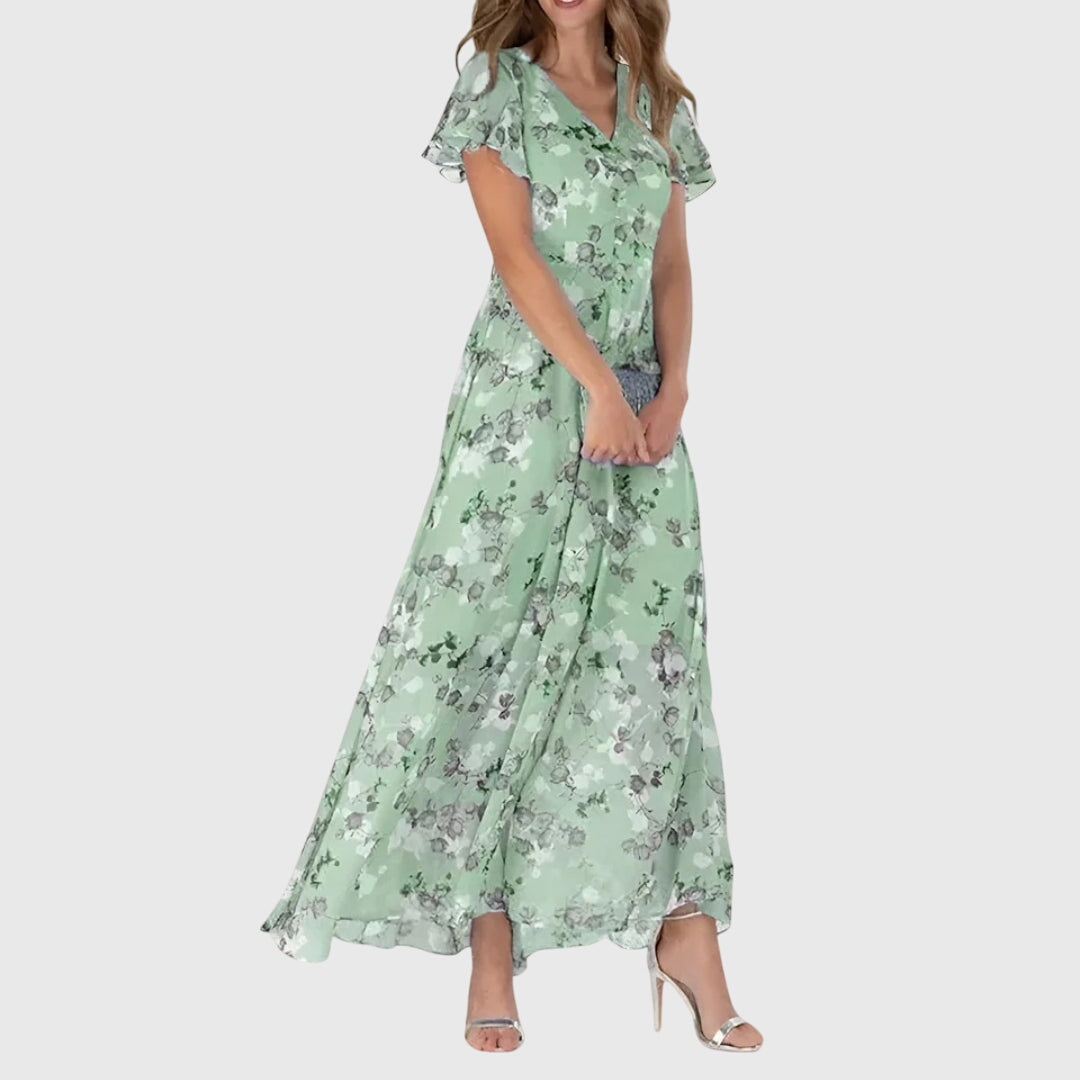 Effortless Floral Chiffon Maxi Dress for Women with V-Neck Flutter Sleeve Wedding Guest Style