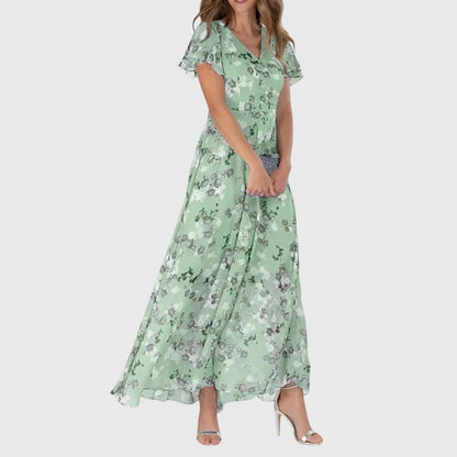 Effortless Floral Chiffon Maxi Dress for Women with V-Neck Flutter Sleeve Wedding Guest Style