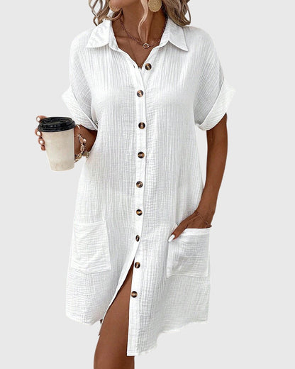 Comfortable Linen Shirt Dress for Women with Collared Button Down Short Sleeve Casual Mini Style