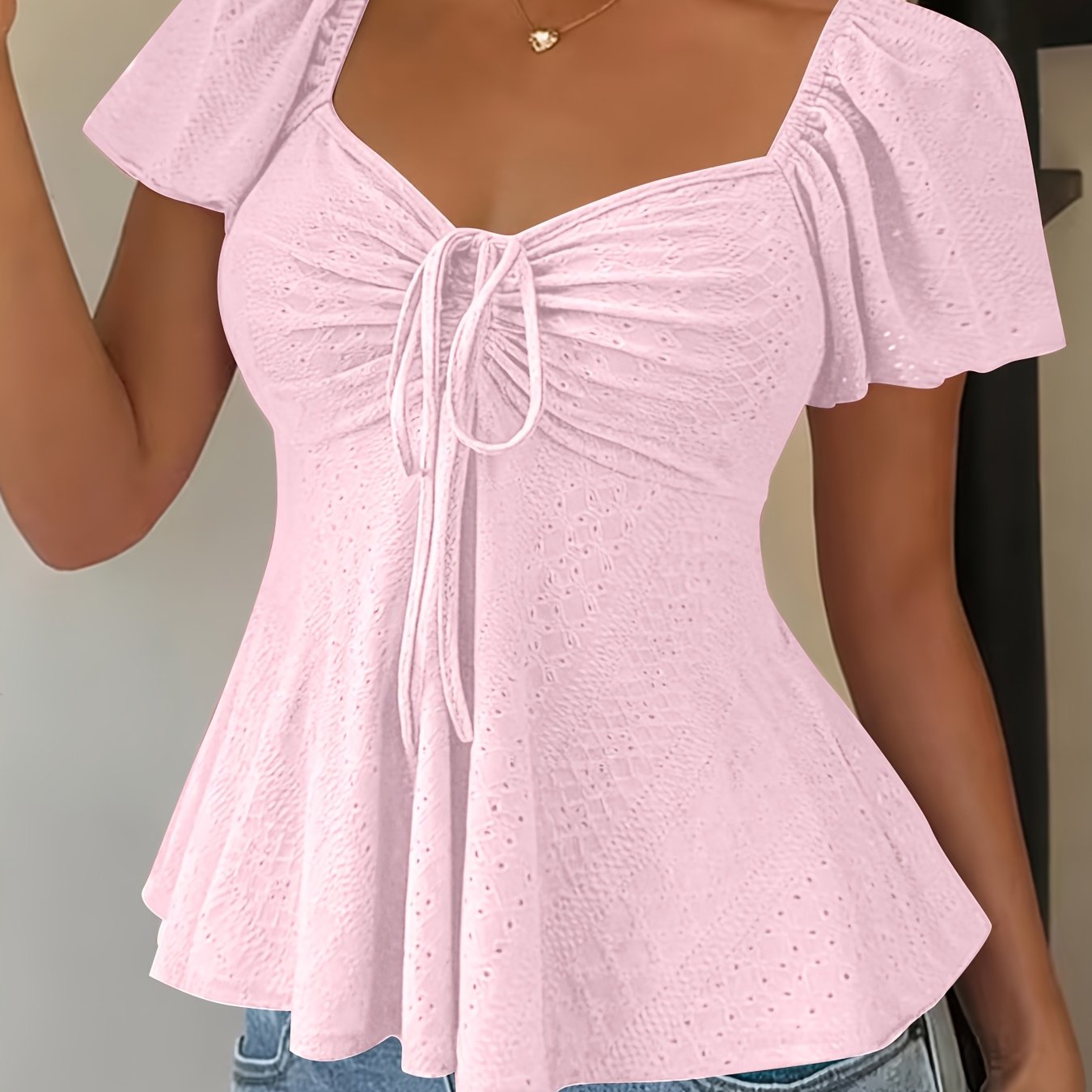 Effortless Blouse for Women with Sweetheart Neck Flutter Sleeve Peplum