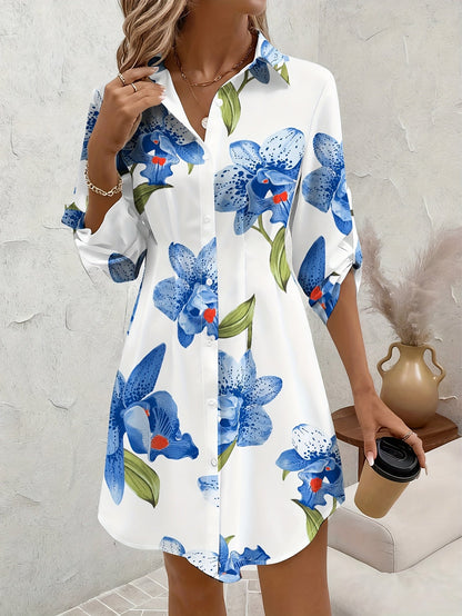 Effortless Floral Shirt Dress for Women with Collared Button Front