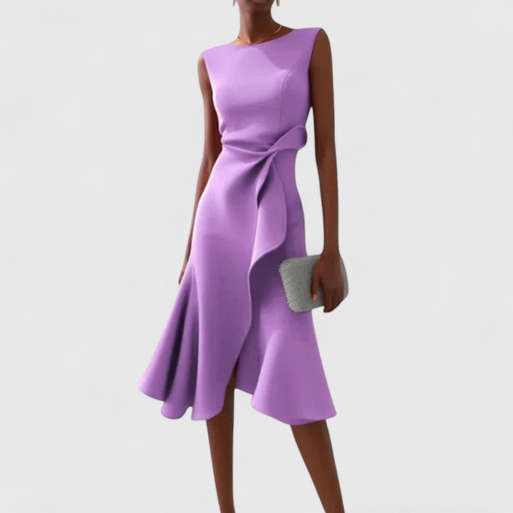Elegant Sleeveless Midi Dress for Women with Asymmetric Ruffle Hem Formal Wedding Guest Style