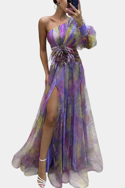 Elegant Abstract Print Maxi Dress for Women with One Shoulder Puff Sleeve Floral Waist Formal Style