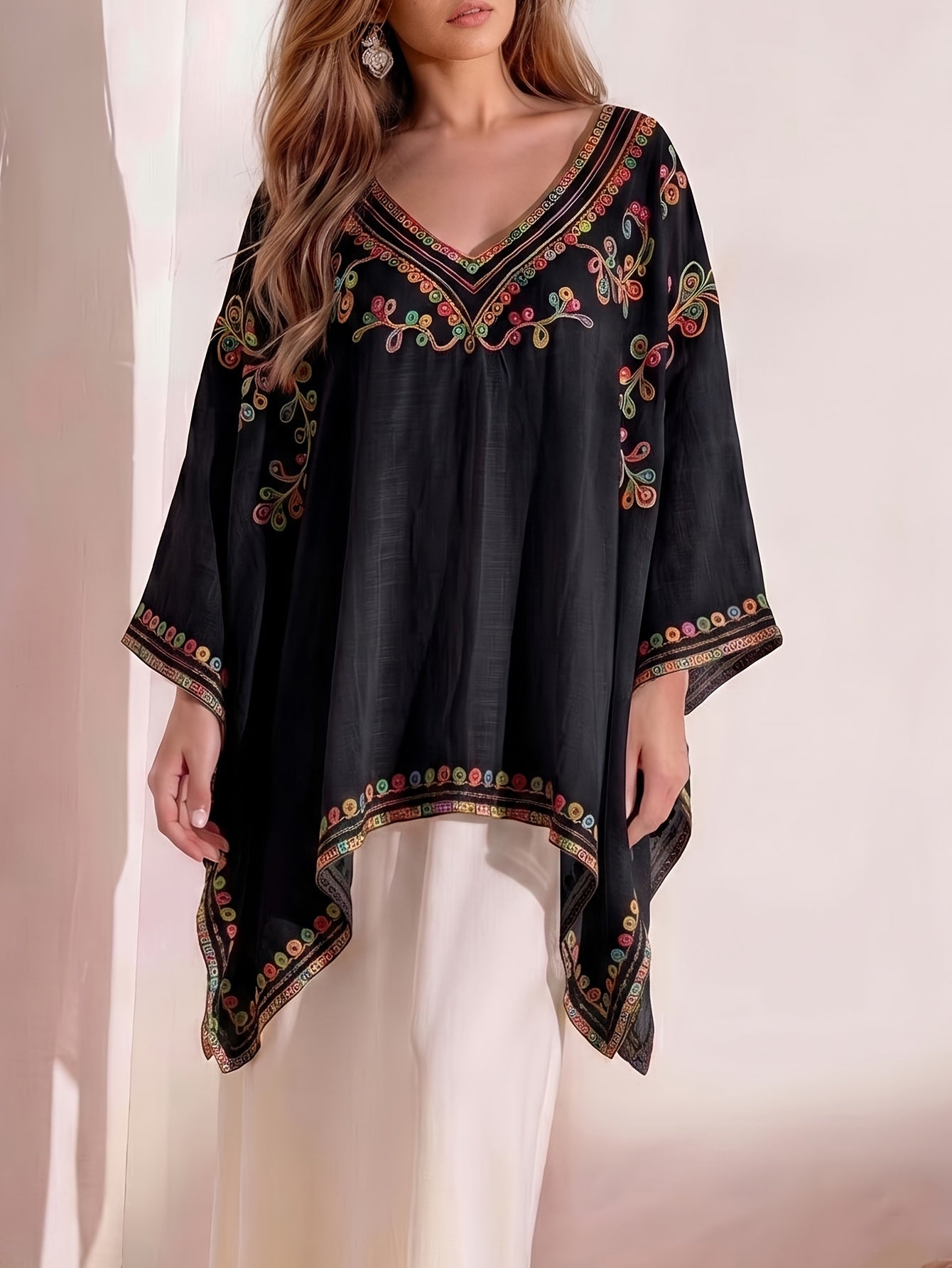 Effortless Poncho Shirts for Women with V-Neck Embroidered Trim Batwing Sleeve Style