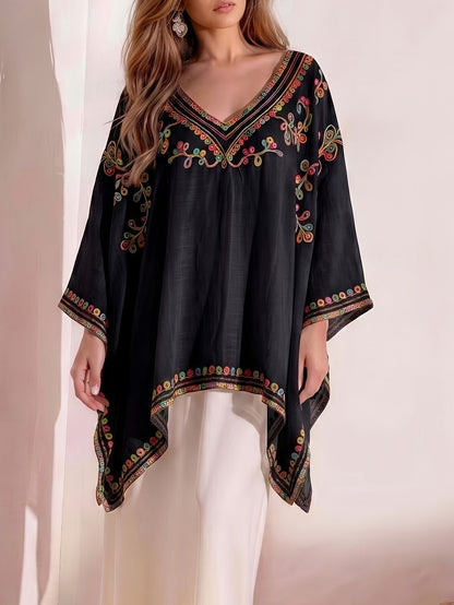Effortless Poncho Shirts for Women with V-Neck Embroidered Trim Batwing Sleeve Style
