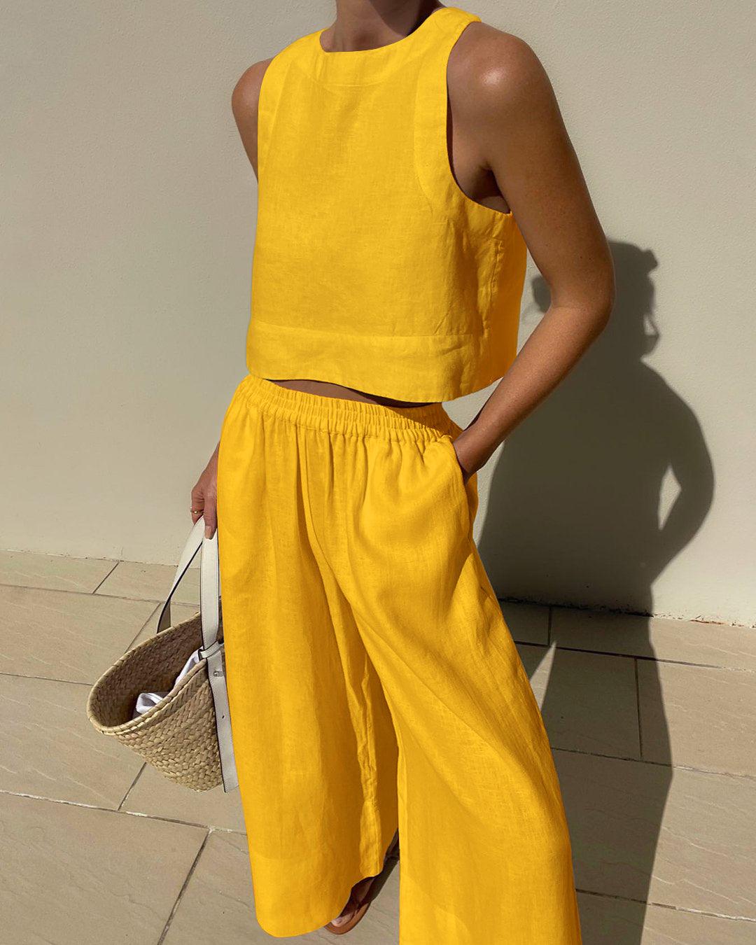 Effortless Two Piece Set for Women with Sleeveless Crop Tank Top Wide Leg Shorts Casual Summer Style