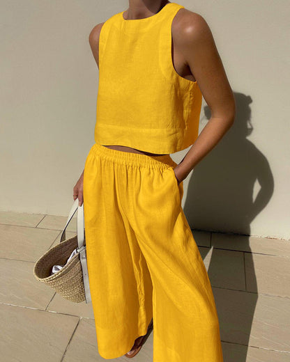 Effortless Two Piece Set for Women with Sleeveless Crop Tank Top Wide Leg Shorts Casual Summer Style
