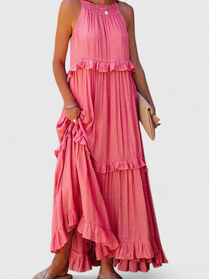 Effortless Ruffle Maxi Dresses for Women with Halter Neck Sleeveless Two Tone Casual Sundress Style