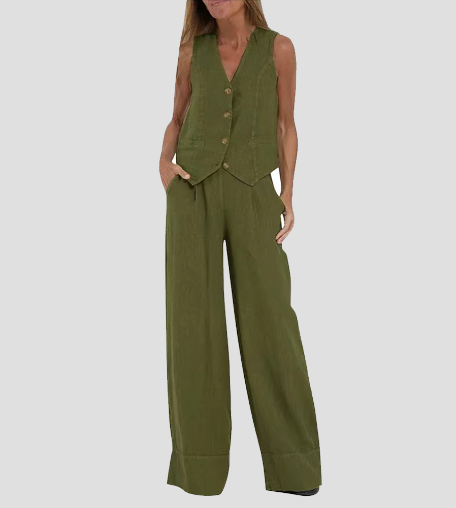 Comfortable Two Piece Set for Women with V Neck Sleeveless Wide Leg