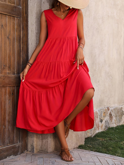 Stylish Maxi Dress for Women with V Neck Sleeveless Tiered