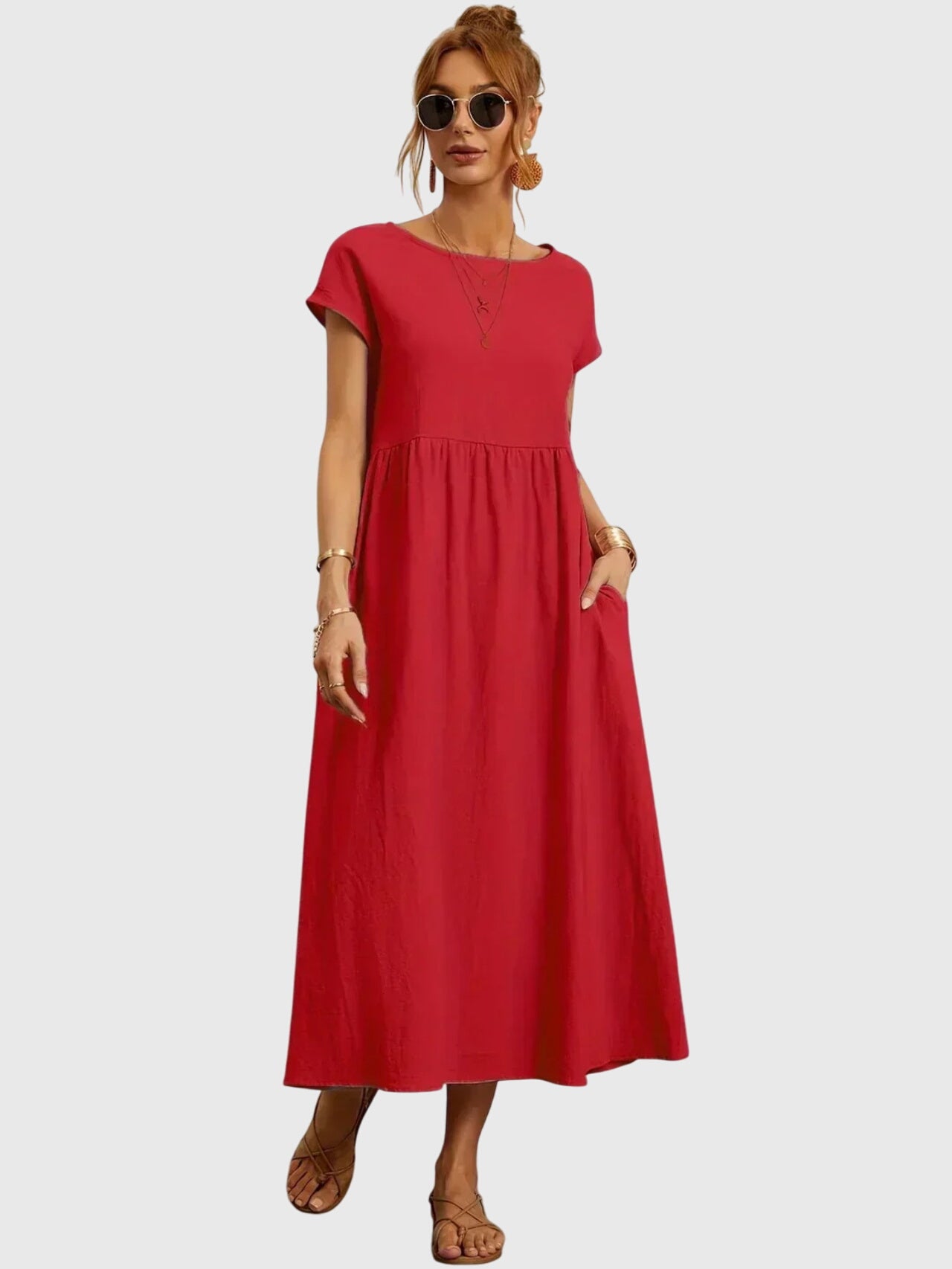 Effortless Round Neck Maxi Dress for Women with Short Sleeve Empire Waist Pocket Casual Style