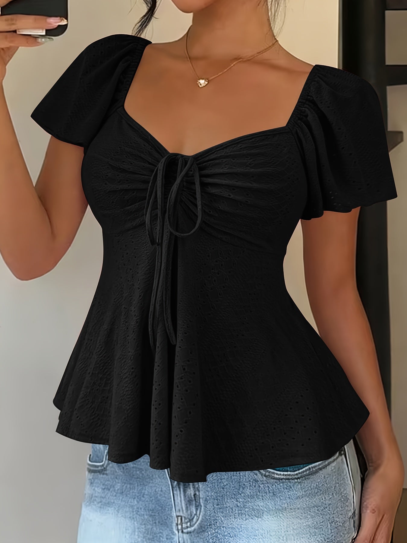 Effortless Blouse for Women with Sweetheart Neck Flutter Sleeve Peplum