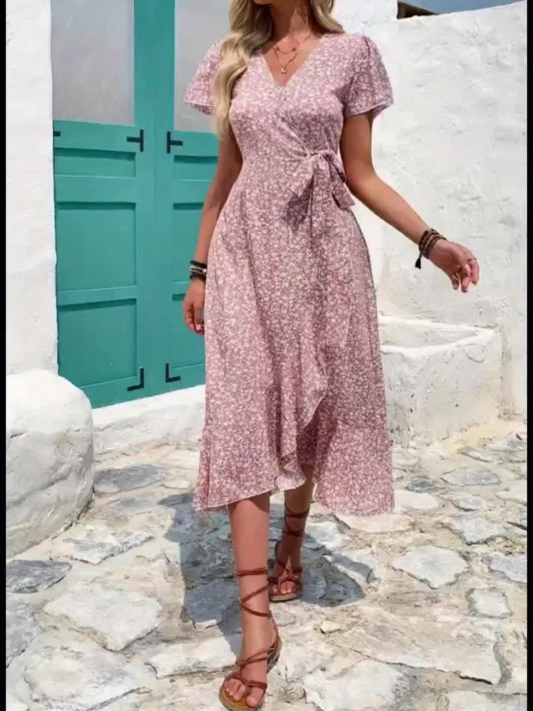 Elegant Floral Wrap Maxi Dress for Women with V Neck