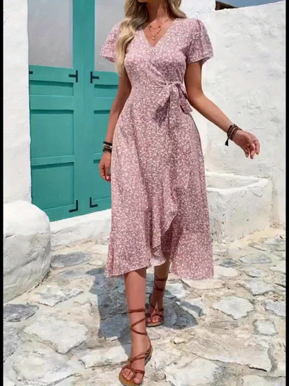 Elegant Floral Wrap Maxi Dress for Women with V Neck