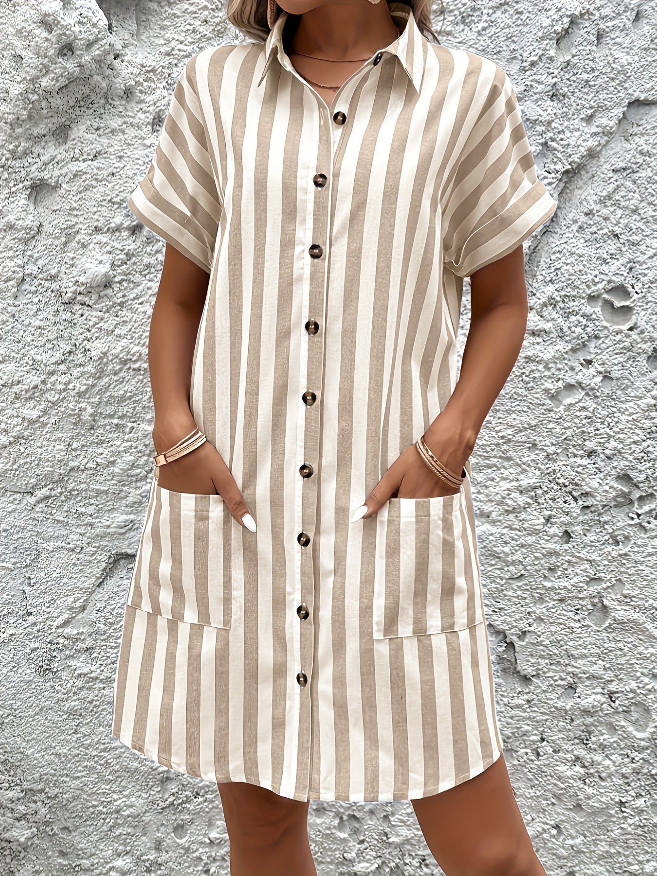 Effortless Striped Shirt Dress for Women with Short Sleeve Belted