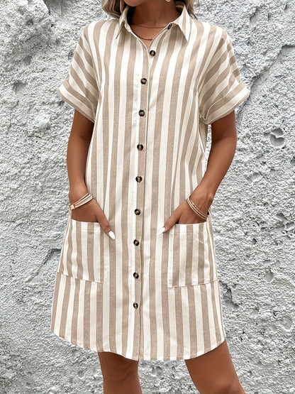 Effortless Striped Shirt Dress for Women with Short Sleeve Belted